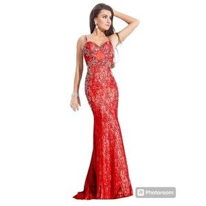 Rachel Allan Dress 6‎ Prom Homecoming Pageant Gala Red Lace Jeweled Sparkles